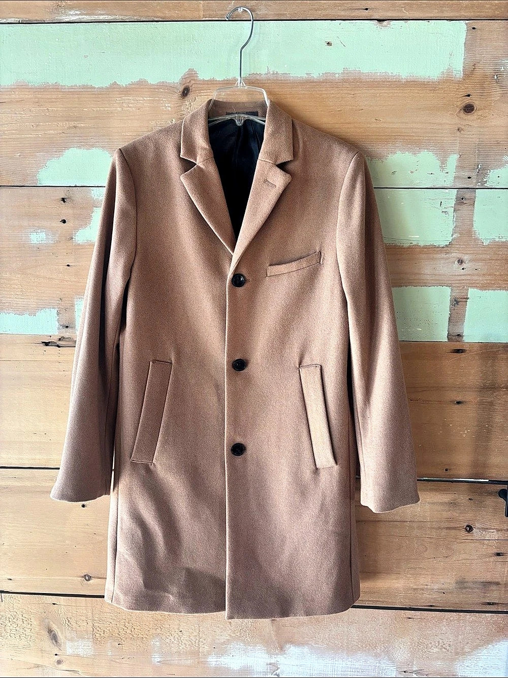 H&M Men's Single-Breasted Wool Blend Overcoat Brown 40R